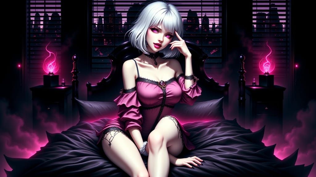 Anime, image of a darkened bedroom scene looking out of a window over a city skyline with horizontal blinds and an outli...