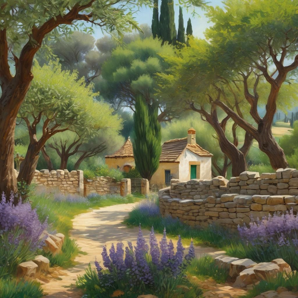 Trullo with Wisteria in Impressionist Mediterranean Landscap...