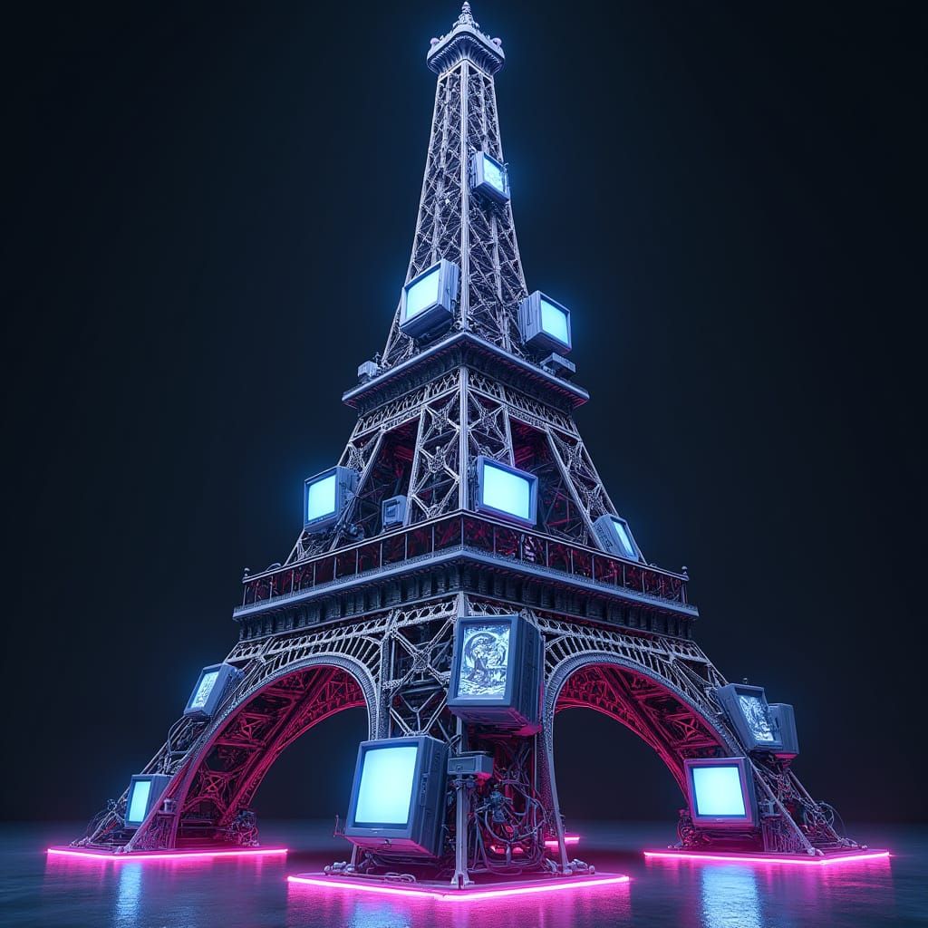 Cyberpunk Eiffel Tower Constructed from Computer Monitors