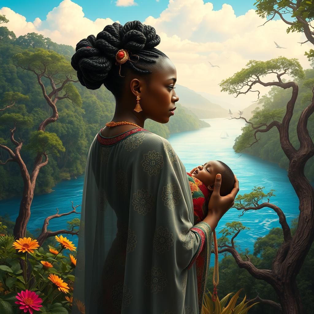 Regal African Princess Weeping in Forest Landscape