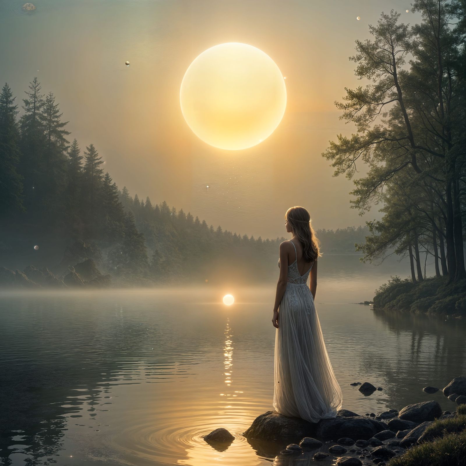 Glowing Orb Reflecting Over Calm Lake: Hyperrealistic HDR