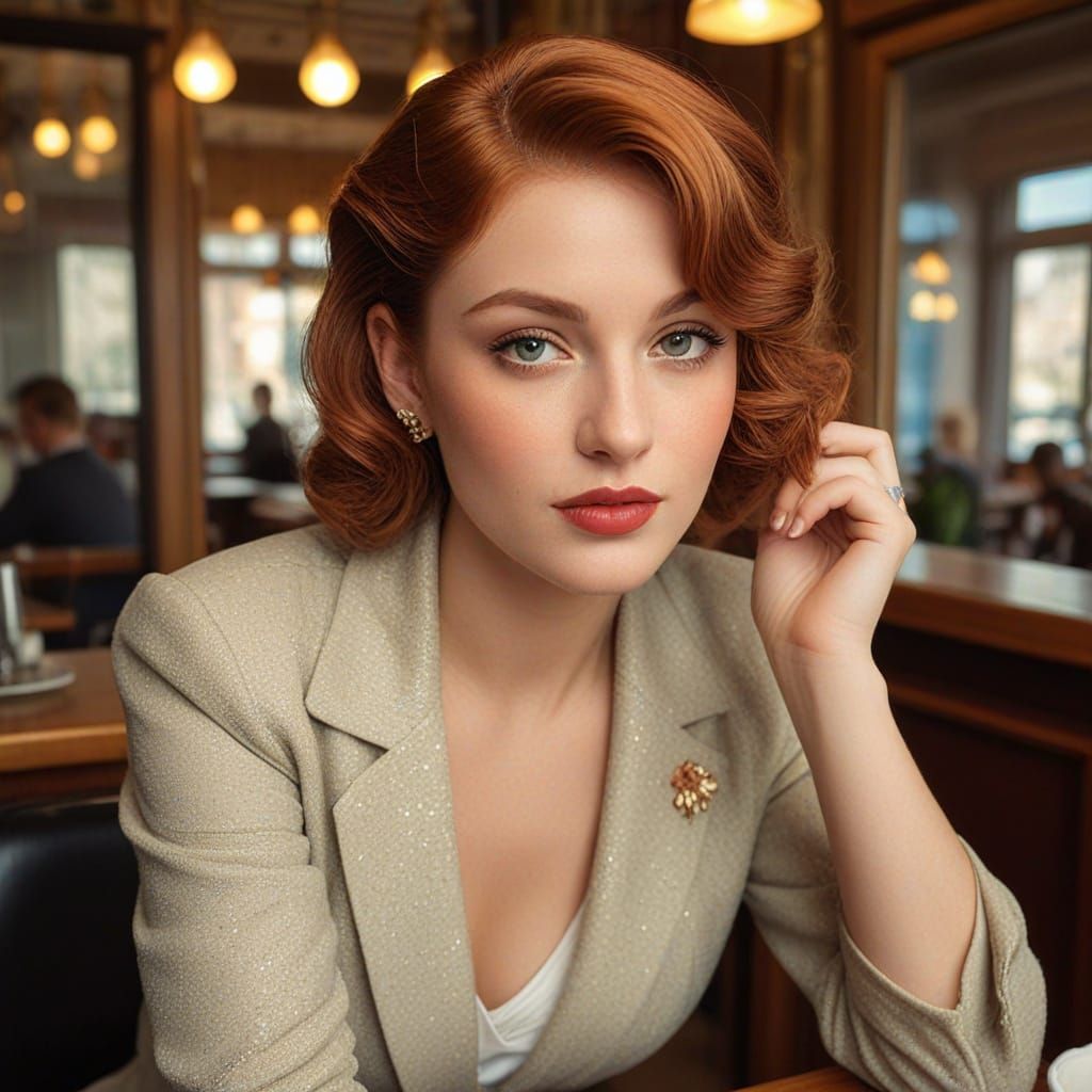 Auburn-Haired Woman in Parisian Cafe: Pin-Up Art