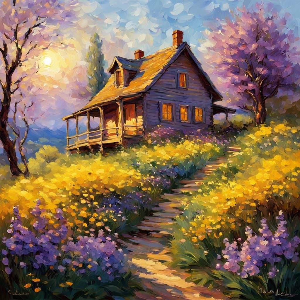 Impressionist Cabin in Springtime, as Oil Painting