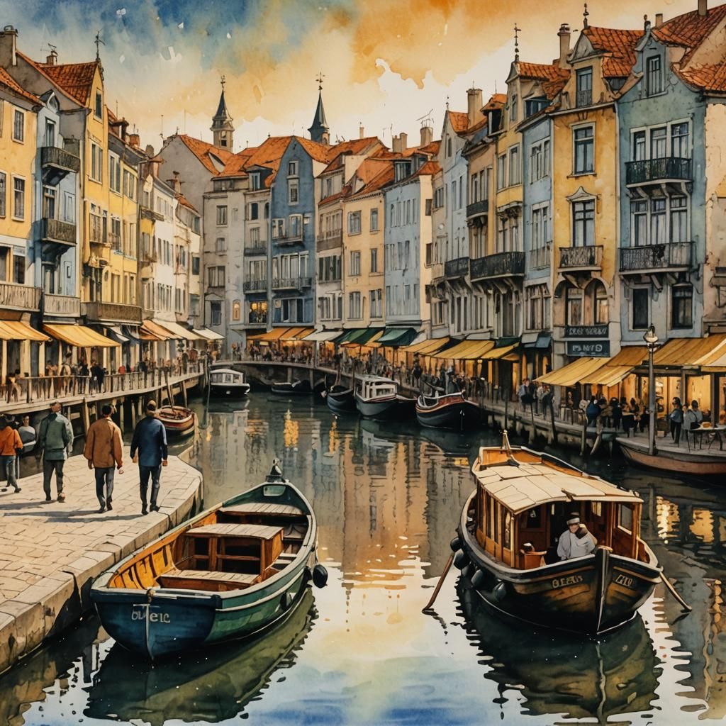 Aveiro Waterfront: A Pointillist Watercolor Dream