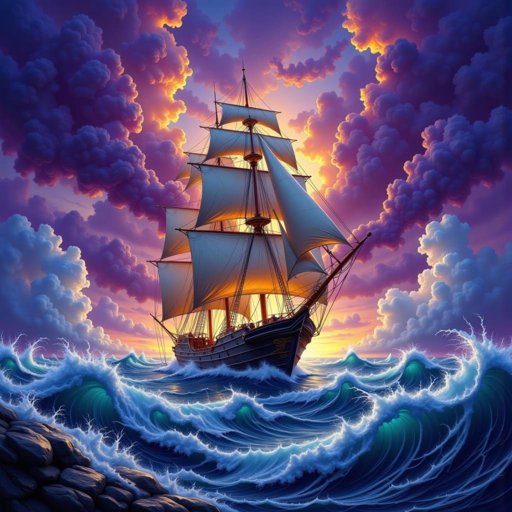Majestic Sailboat Battles Stormy Seas in Dark Fantasy Style