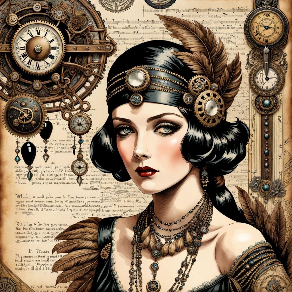 Vintage Steampunk Flapper Fine Line Art Illustration