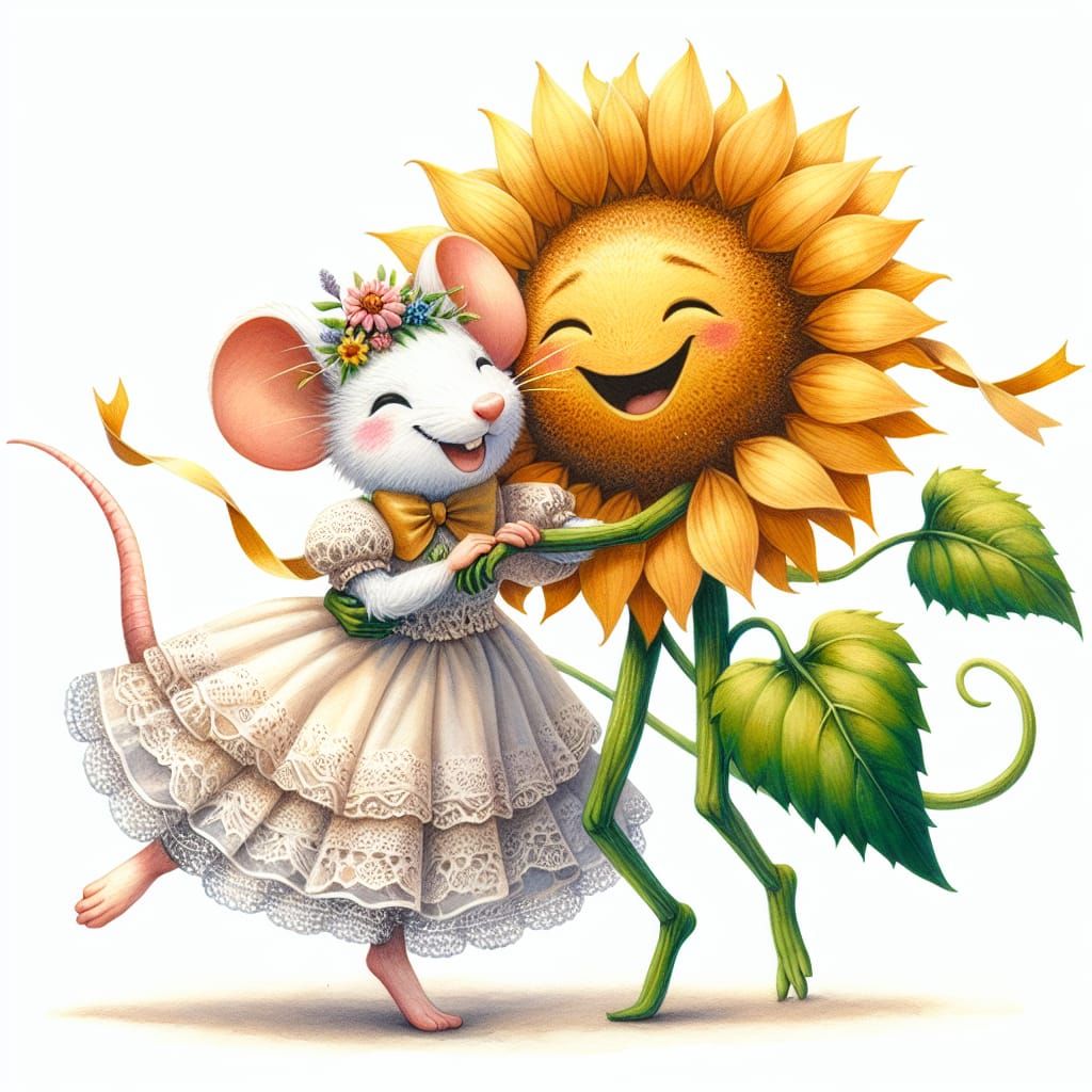 Whimsical Watercolor Wedding Scene of Mouse and Sunflower