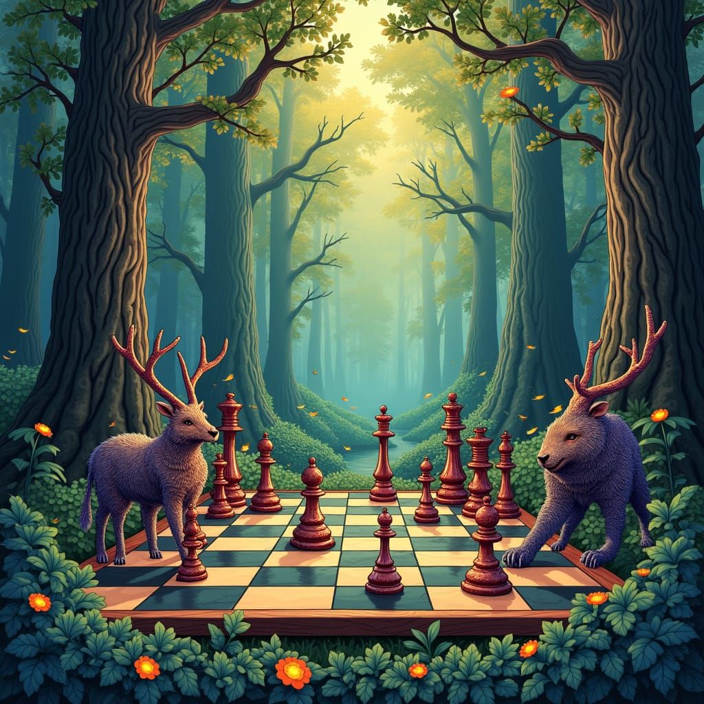 Mystical Animal Chessboard in Forest, Abstract Vector Art