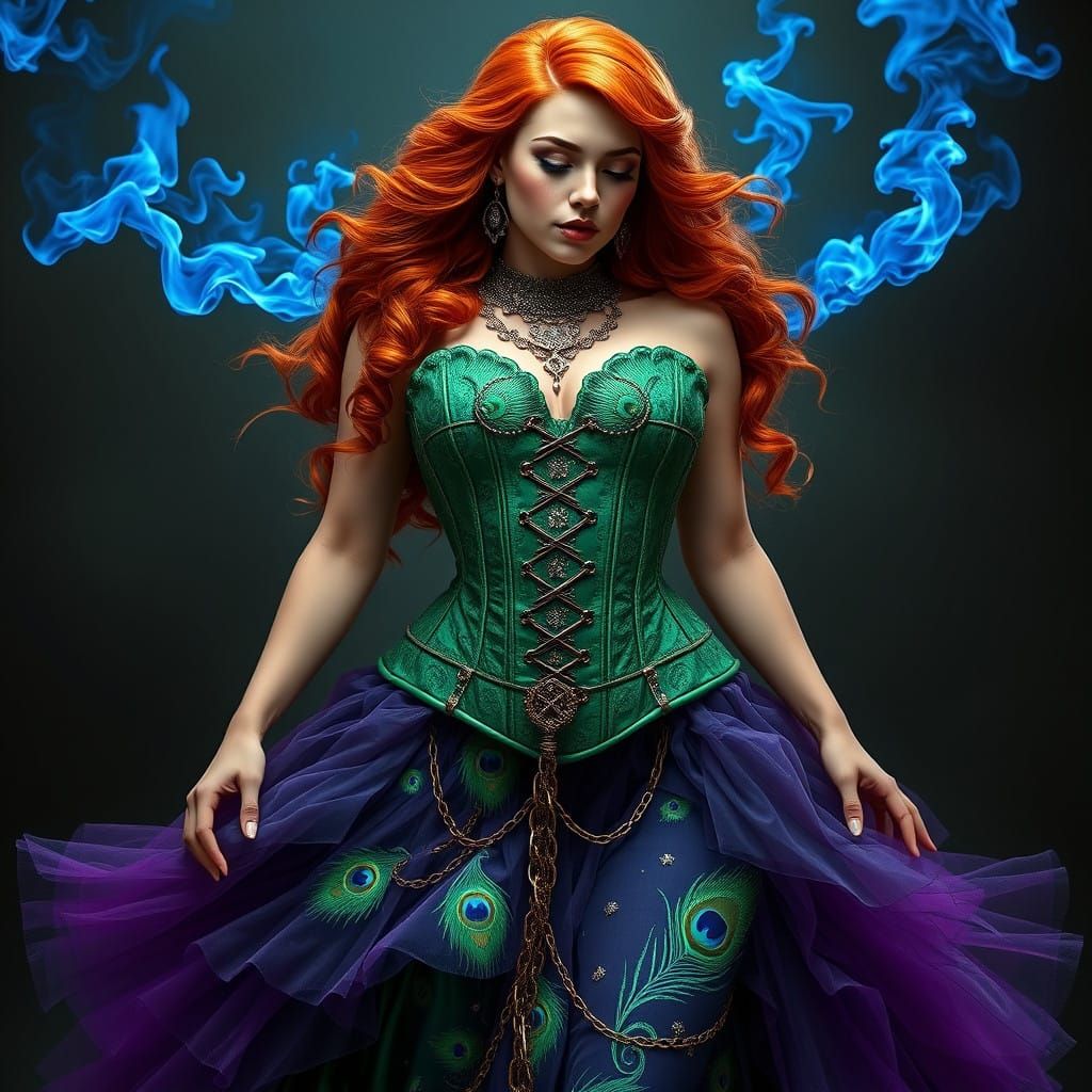 Curvy Goddess in Emerald Corset and Lavish Skirt with Peacoc...