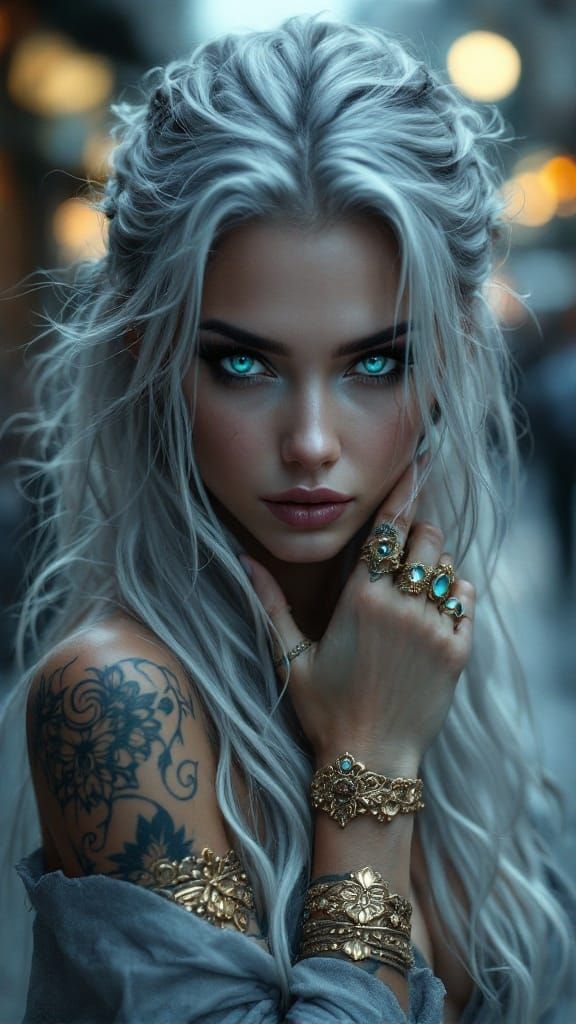 Mystical Warrior in Moonlit Urban Oasis