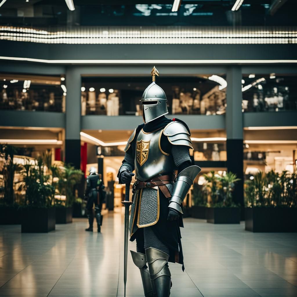 Medieval Knight in Modern Shopping Mall