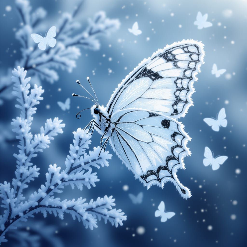 Shaggy Frost Butterfly on Snowy Branch