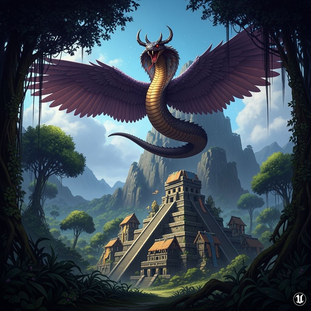 Winged King Cobra Soars Over Rainforest Near Mayan Pyramid