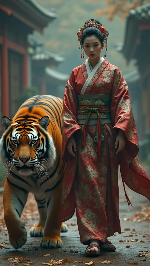 Geisha and Tiger: Detailed Matte Painting