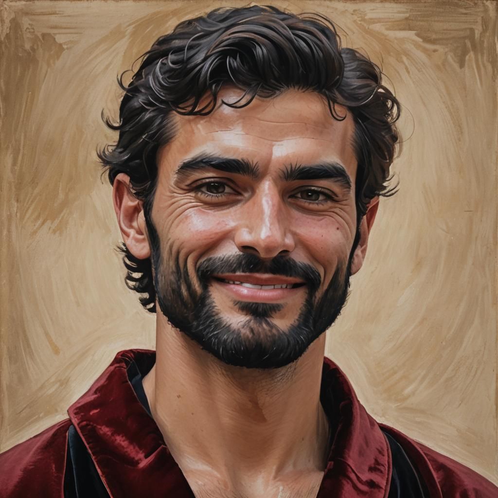 Friendly Hirsute Man in Red Velvet Bathrobe: Impressionist P...