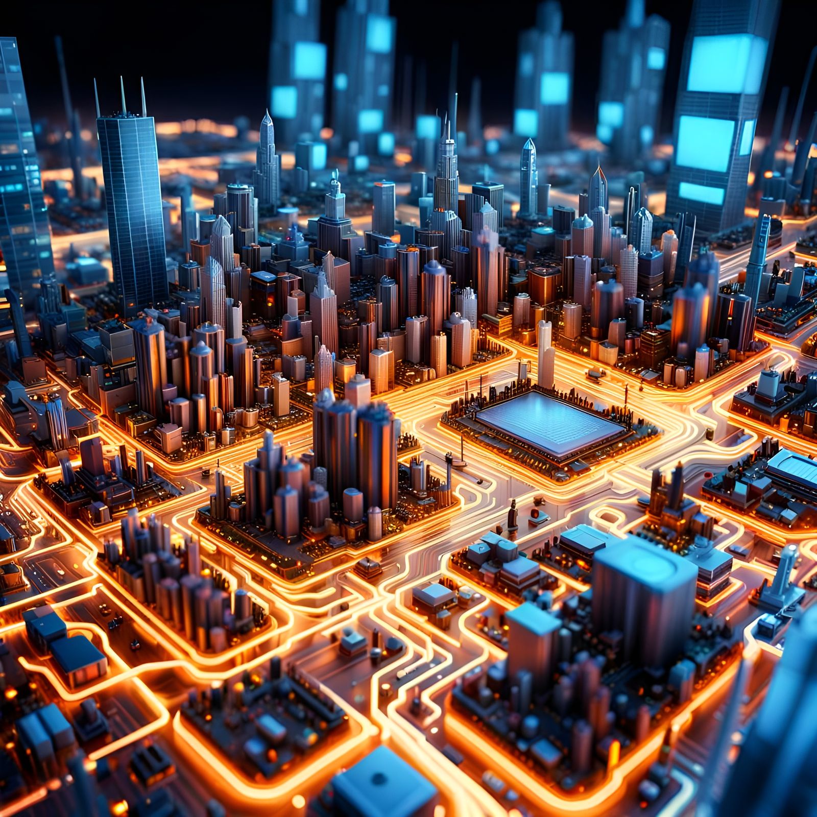 Glowing Circuit Cityscape on Motherboard, Digital Art