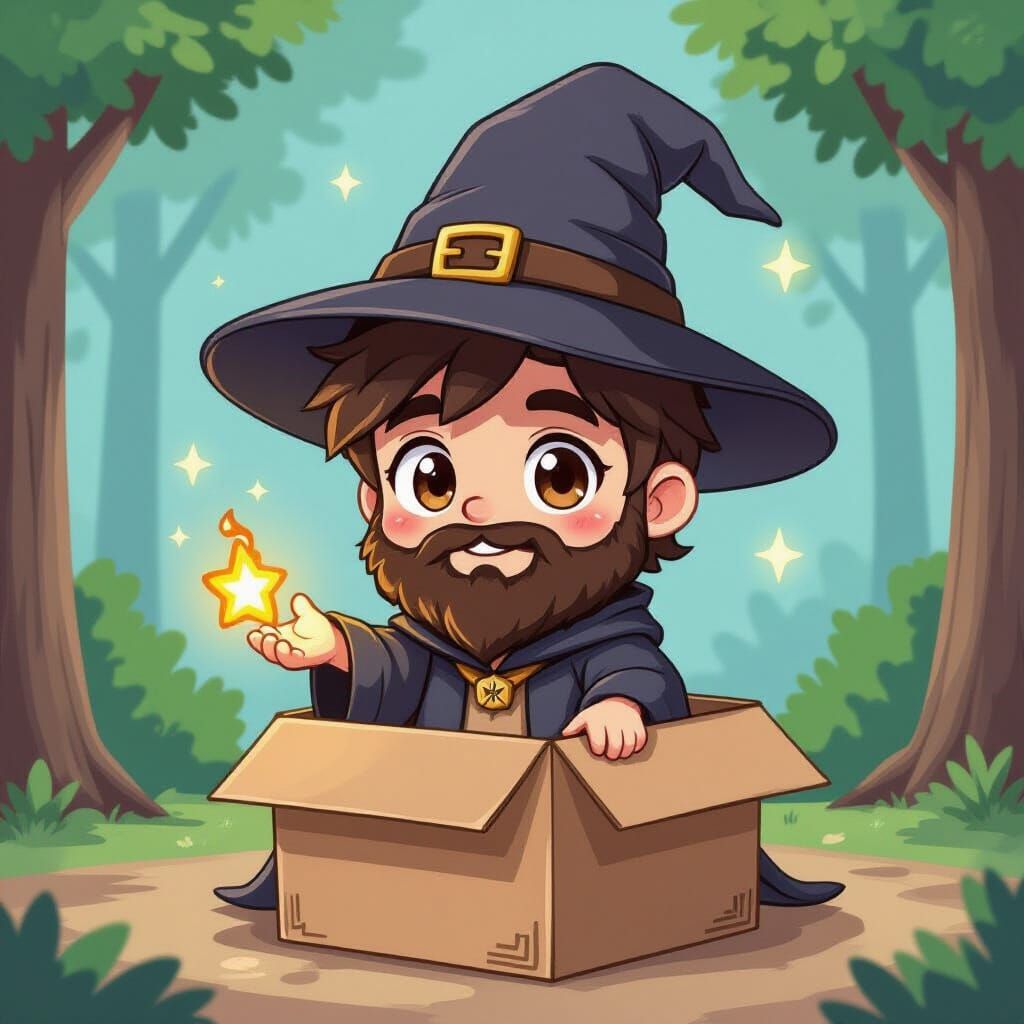 Chibi Fire Wizard Plays in Cardboard Box