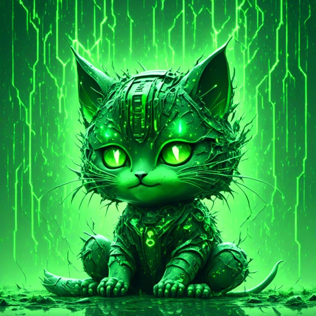Futuristic Android Kitten in Digital Green Forest