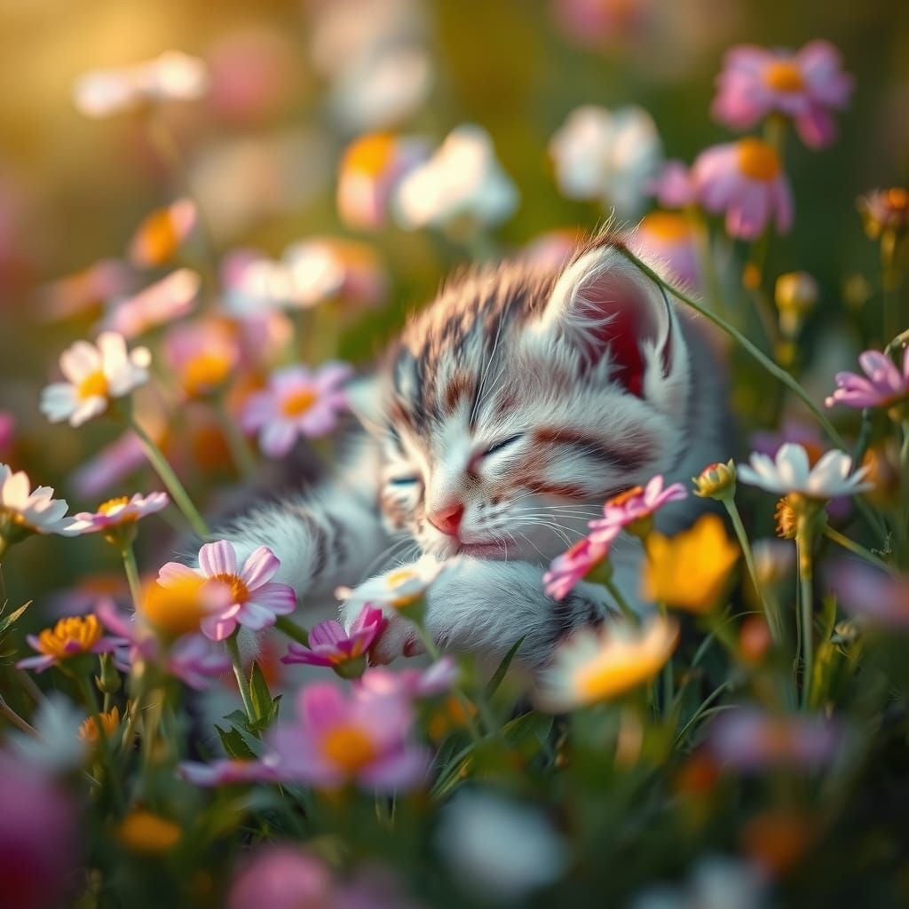Sleeping Kitten in Wildflowers, Hyper-Realistic Photo