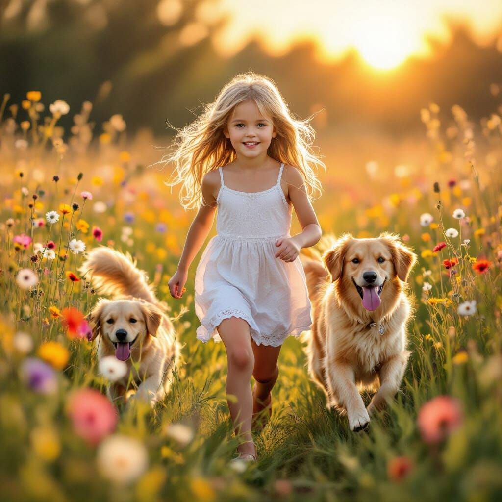 Girl and Dog in Wildflower Field at Golden Hour