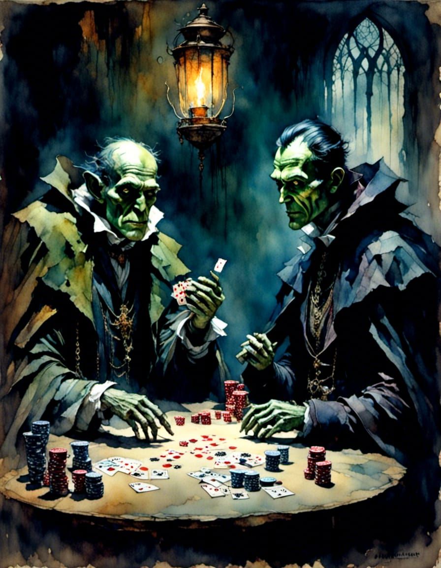 Frankenstein and Dracula Play Poker, Watercolor Painting