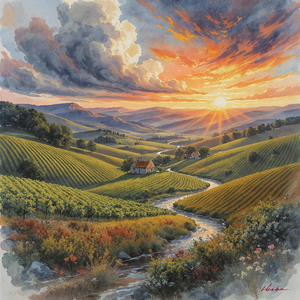 Epic Watercolor Landscape with Stone House