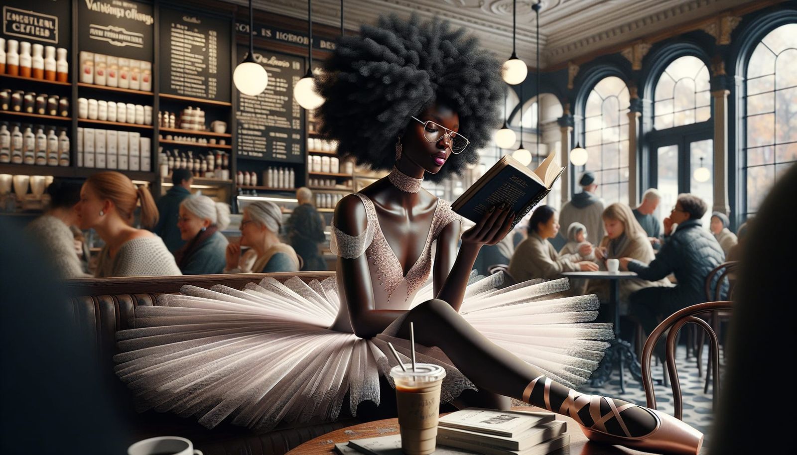 Ballerina in Coffee Shop: Hyper-Detailed Splash Art