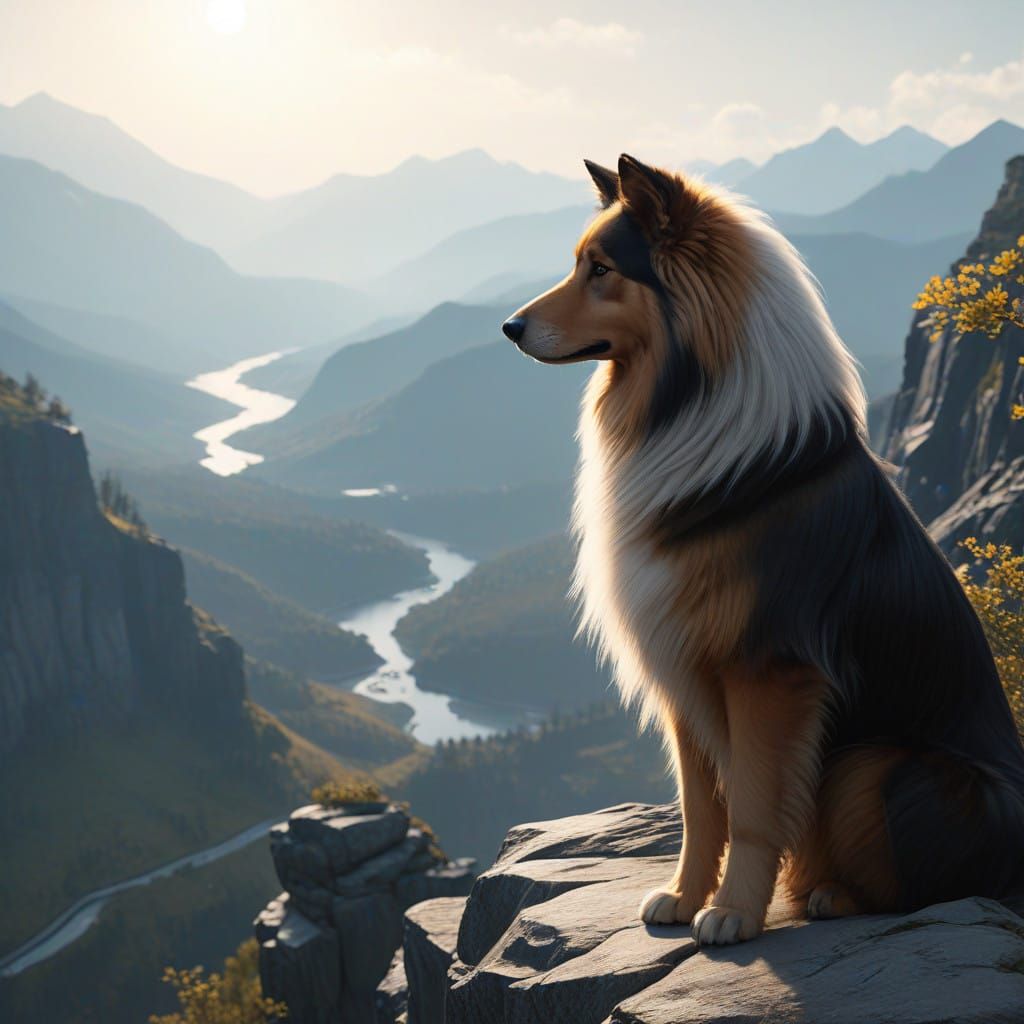 Majestic Collie on Windswept Cliffside in Classic Americana ...