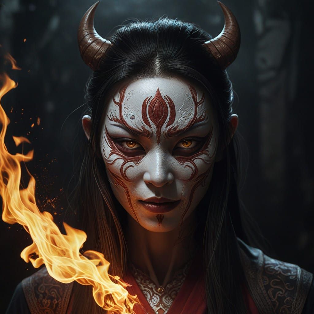 Elegant Asian Demon Goddess in Dark Splendor