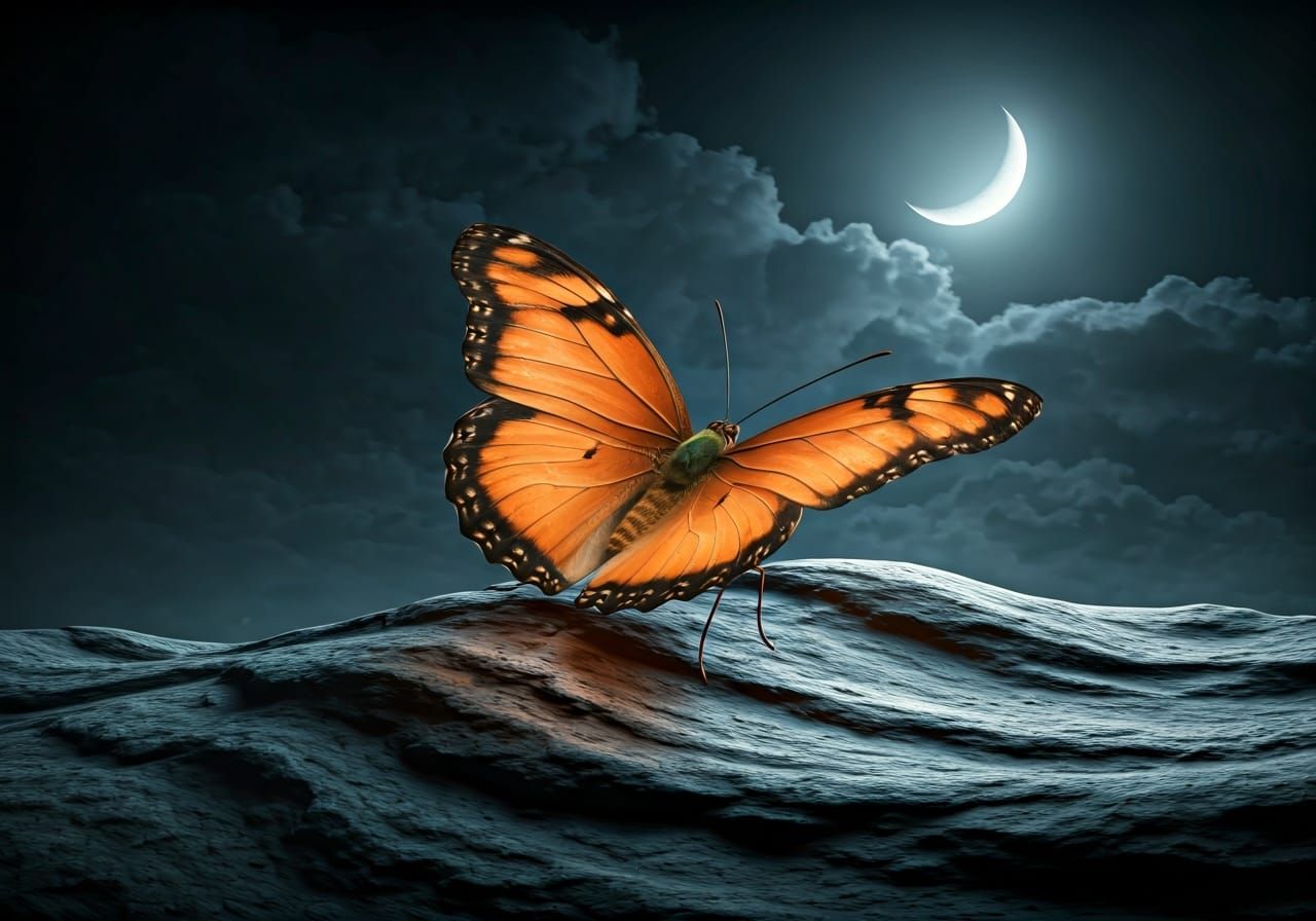 Vibrant Butterfly Perched on Rock Under Moonlight