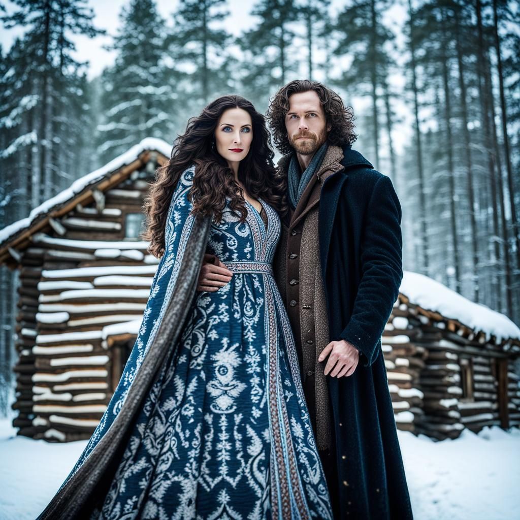 Nordic Christmas: Woman and Man in Snowy Woods