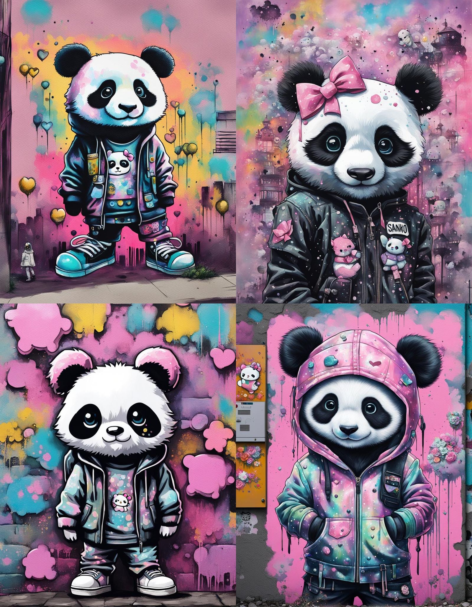 Sanrio Panda Pastel Goth Mural in Urban Punk Style