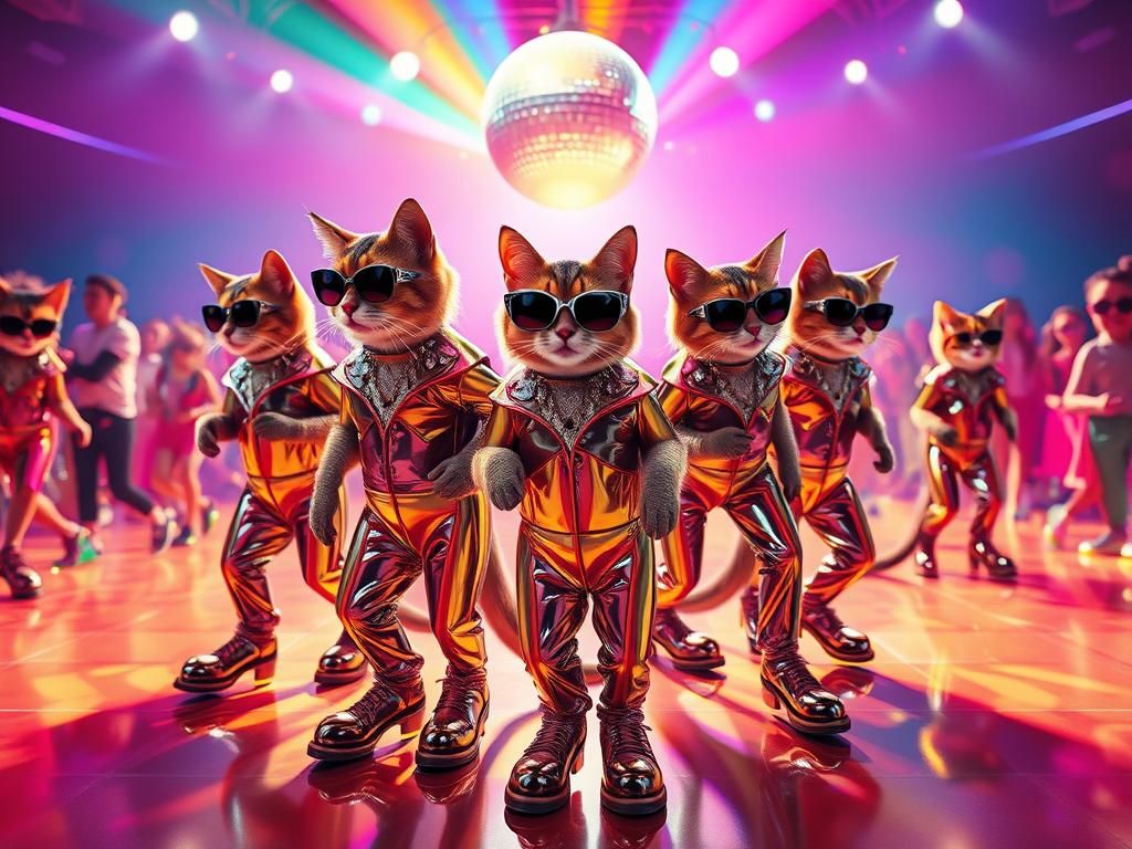 Glamorous Cats Dancing in Retro-Futuristic Disco