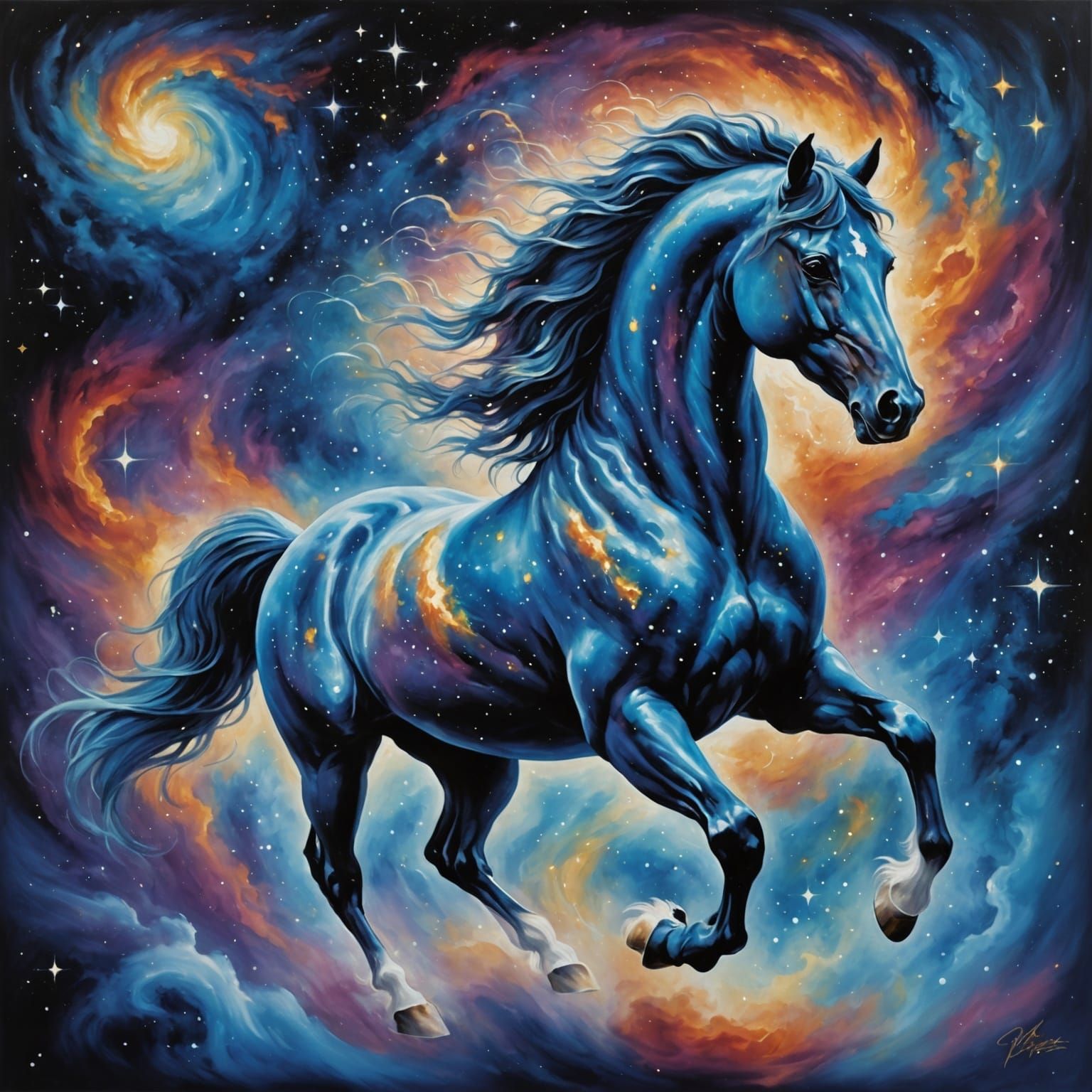 Celestial Horse Galloping Through Nebula in Airbrush Art