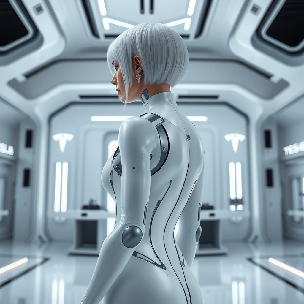 Female Android in Tesla Lab, Hyperrealistic 8k