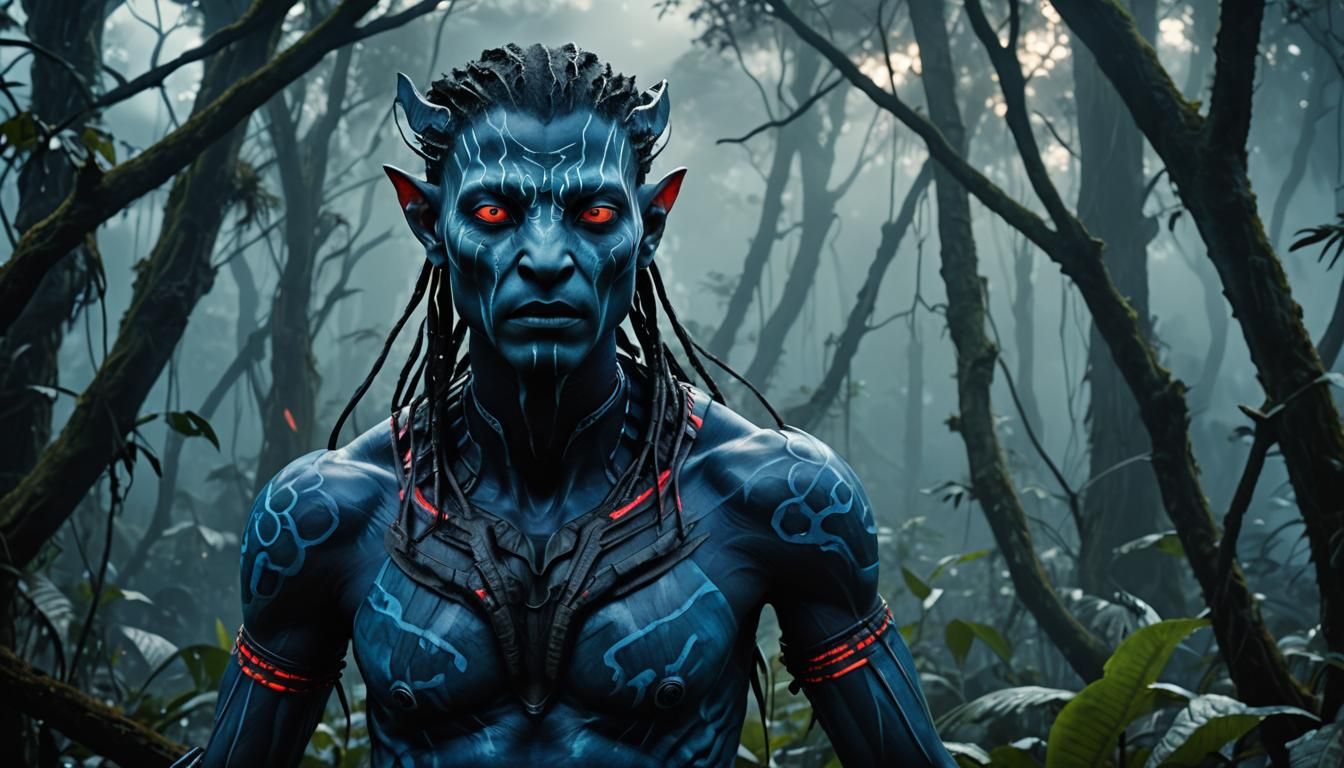 Na'vi Avatar in Misty Forest with Biomechanical Details