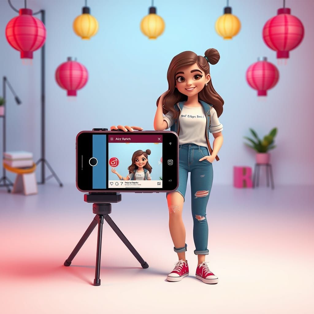 Pixar Style Girl Poses with Giant Instagram Phone