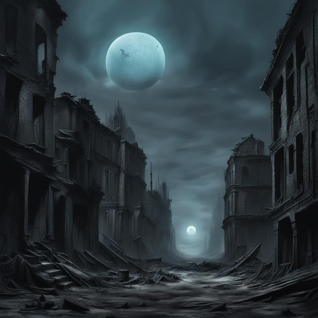 Eerie Black Moon Over Decaying Town: Dark Fantasy Art