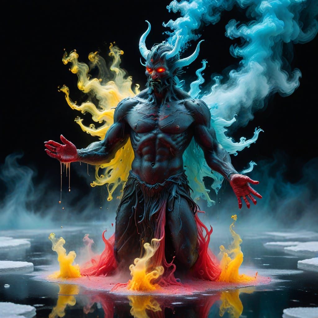 A demon made of ice slowly dissolves into aerogel filaments that drift like frozen smoke across a field of mirror-flat b...