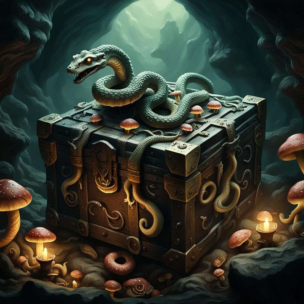 Multi-Headed Serpent Guarding Treasure in Misty Cave