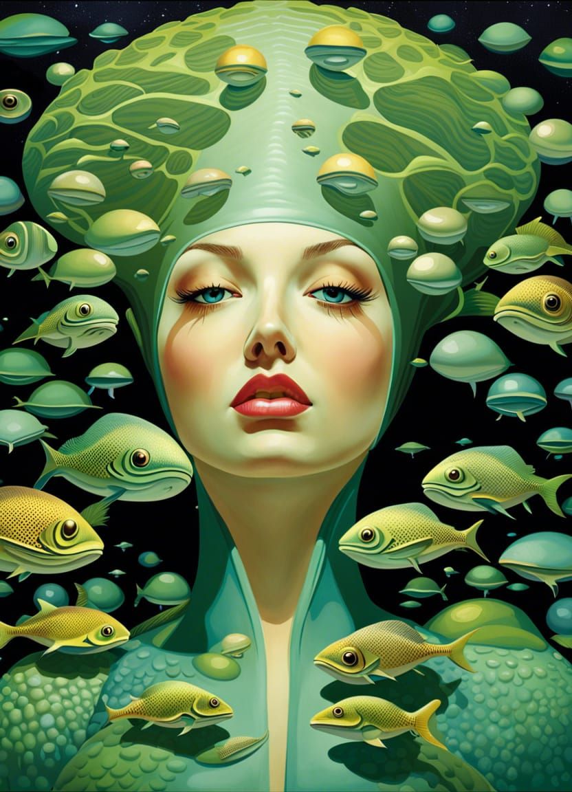 Bioluminescent Shark-Frog Girl in Underwater Ruins