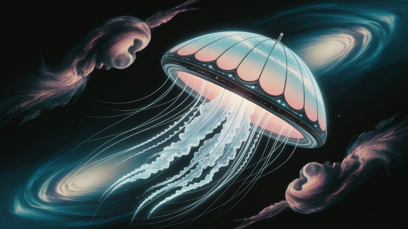 Galactic Jellyfish Spaceship Concept Art in Futuristic Indus...