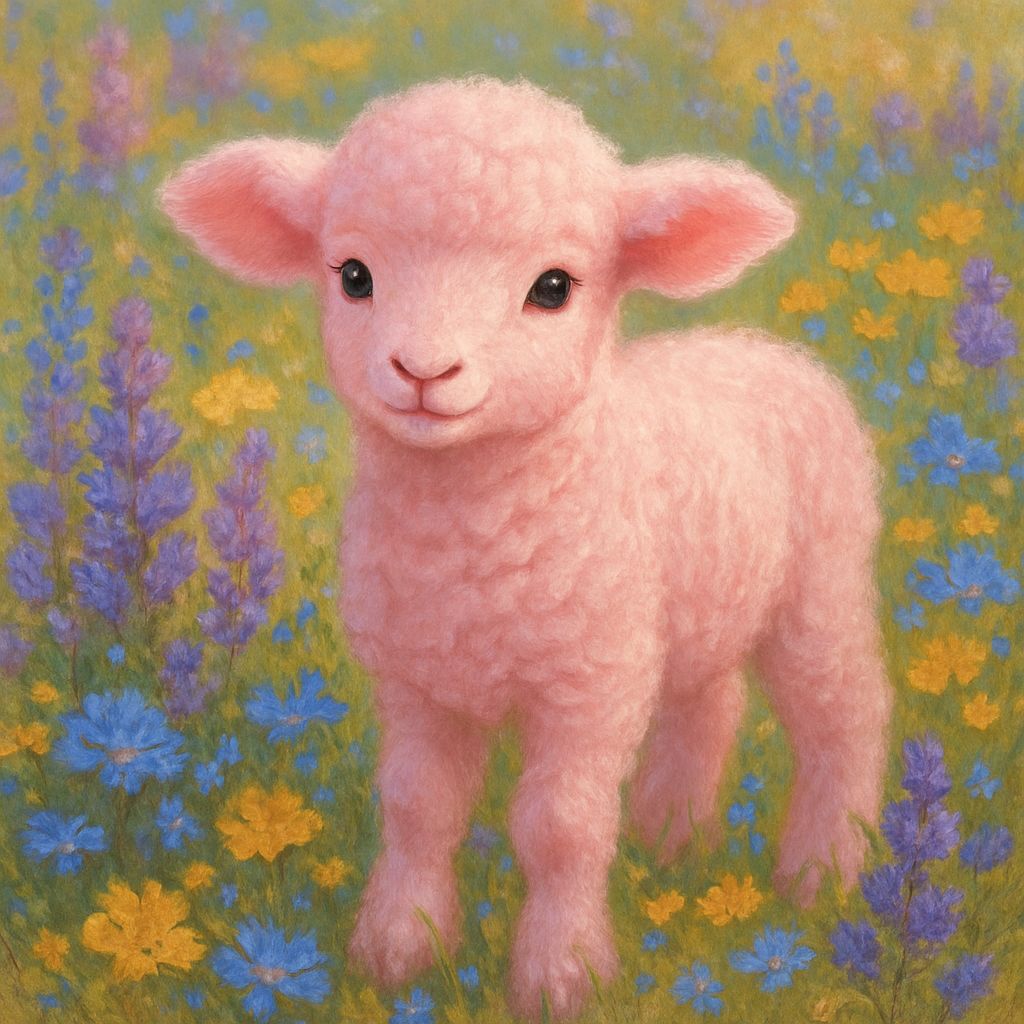 Cute Pink Lamb in Colorful Flower Field