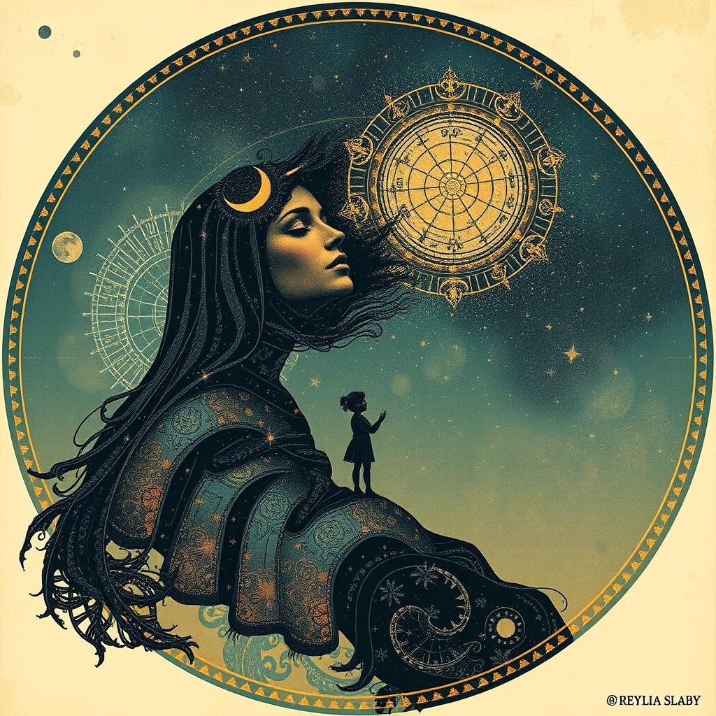 Astronomical Filigree in Retro Mixed Media Style