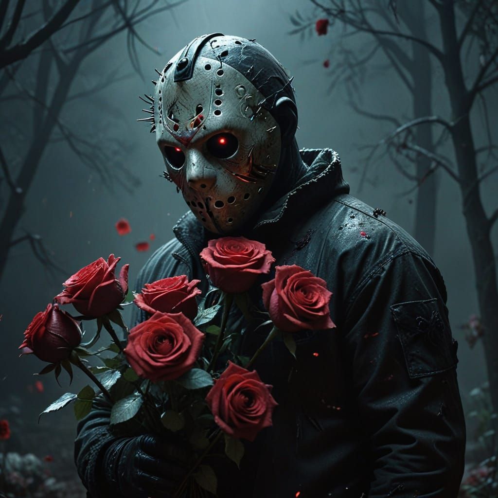 Jason Voorhees Holds Roses in Dark Fantasy Art