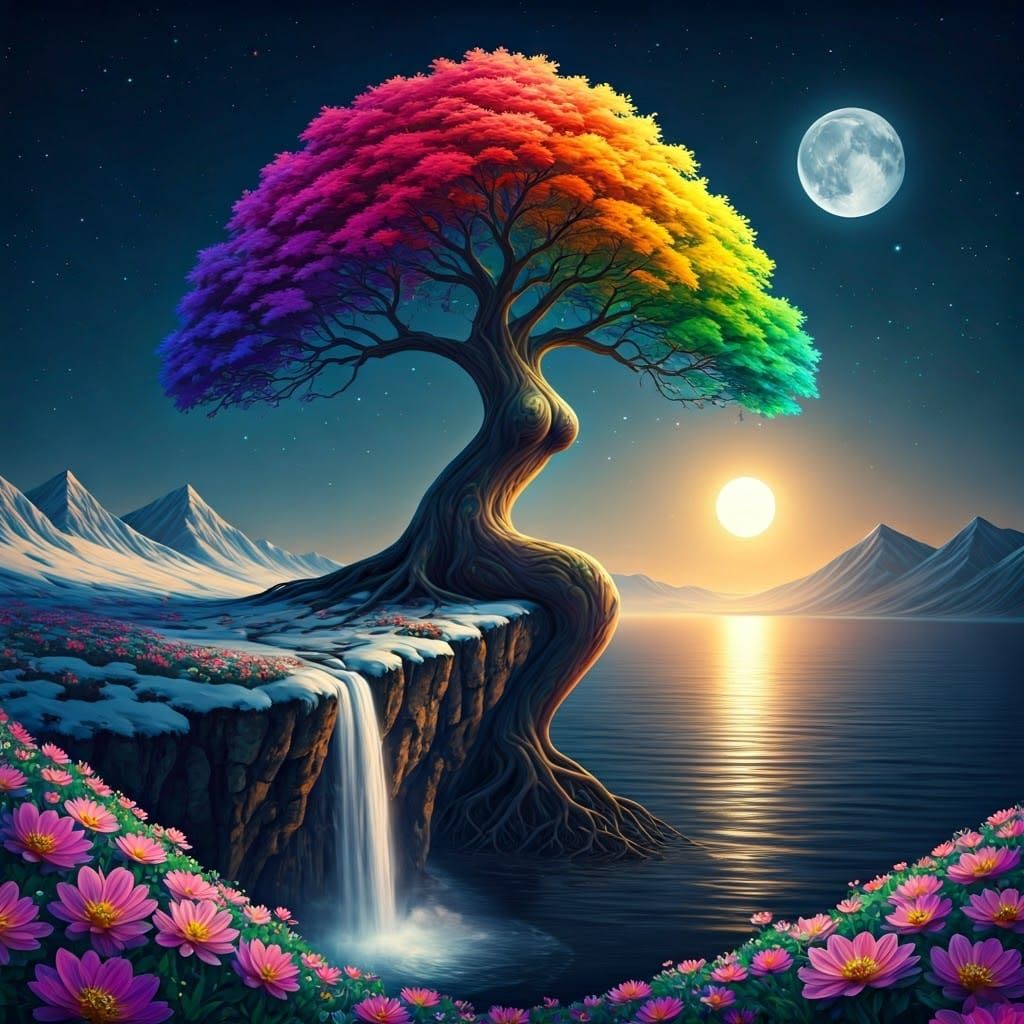 Rainbow Tree Woman on Snowy Mountain in Astral Art