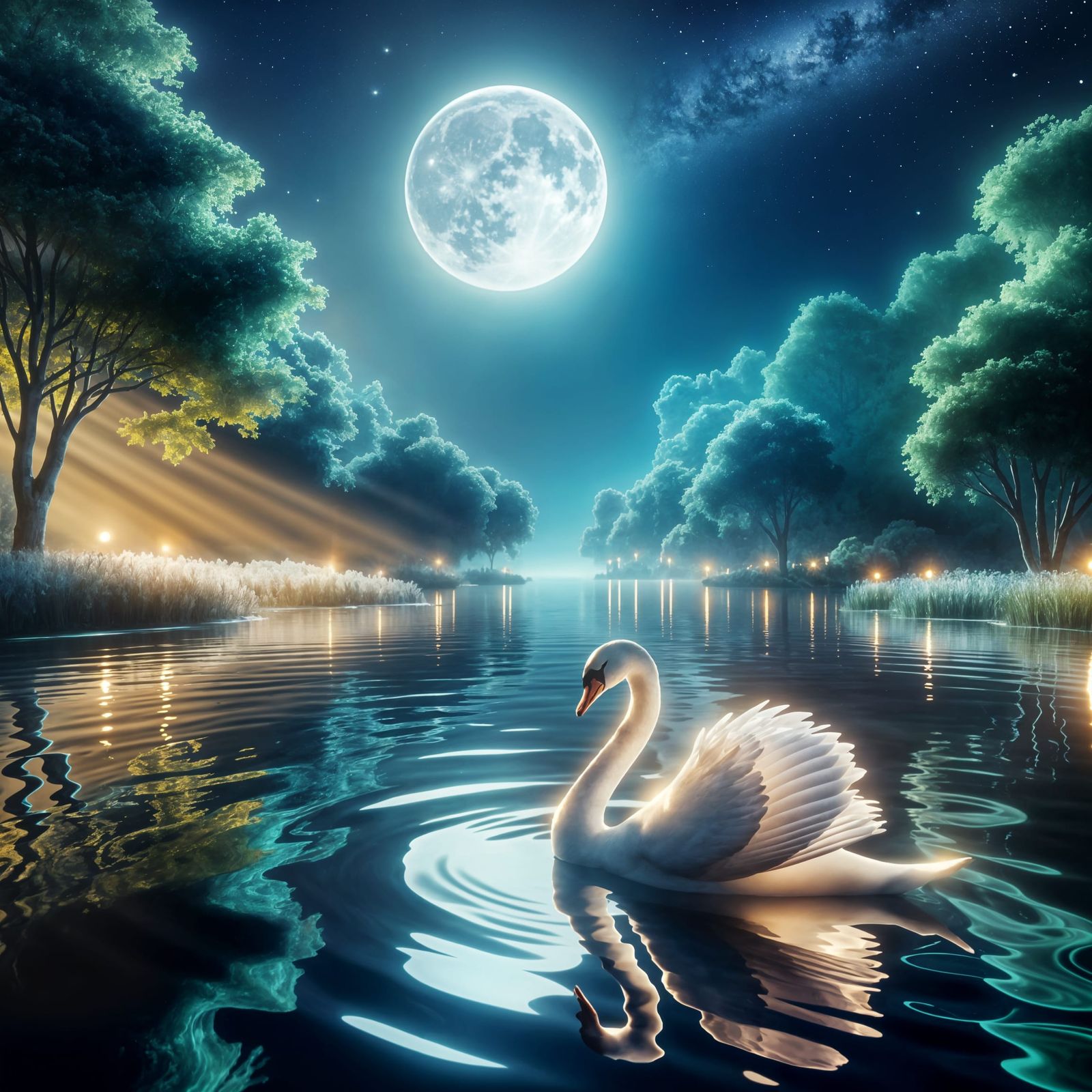 Moonlit Serenade: A Crystal Lake Swan in Photorealistic Beau...