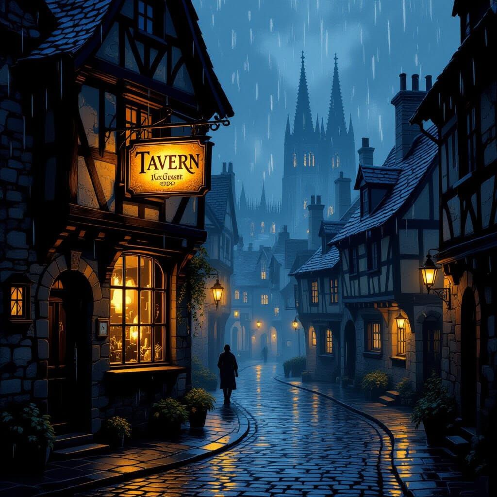 Glowing Tavern Window on Rainy Night in Old Town