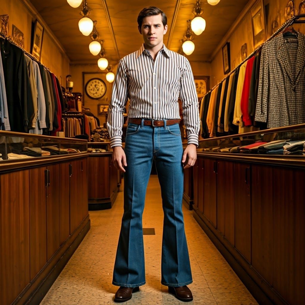 Photorealistic 1967 JC Penney catalog ad for men’s bell-bottom jeans and pointy collar shirts