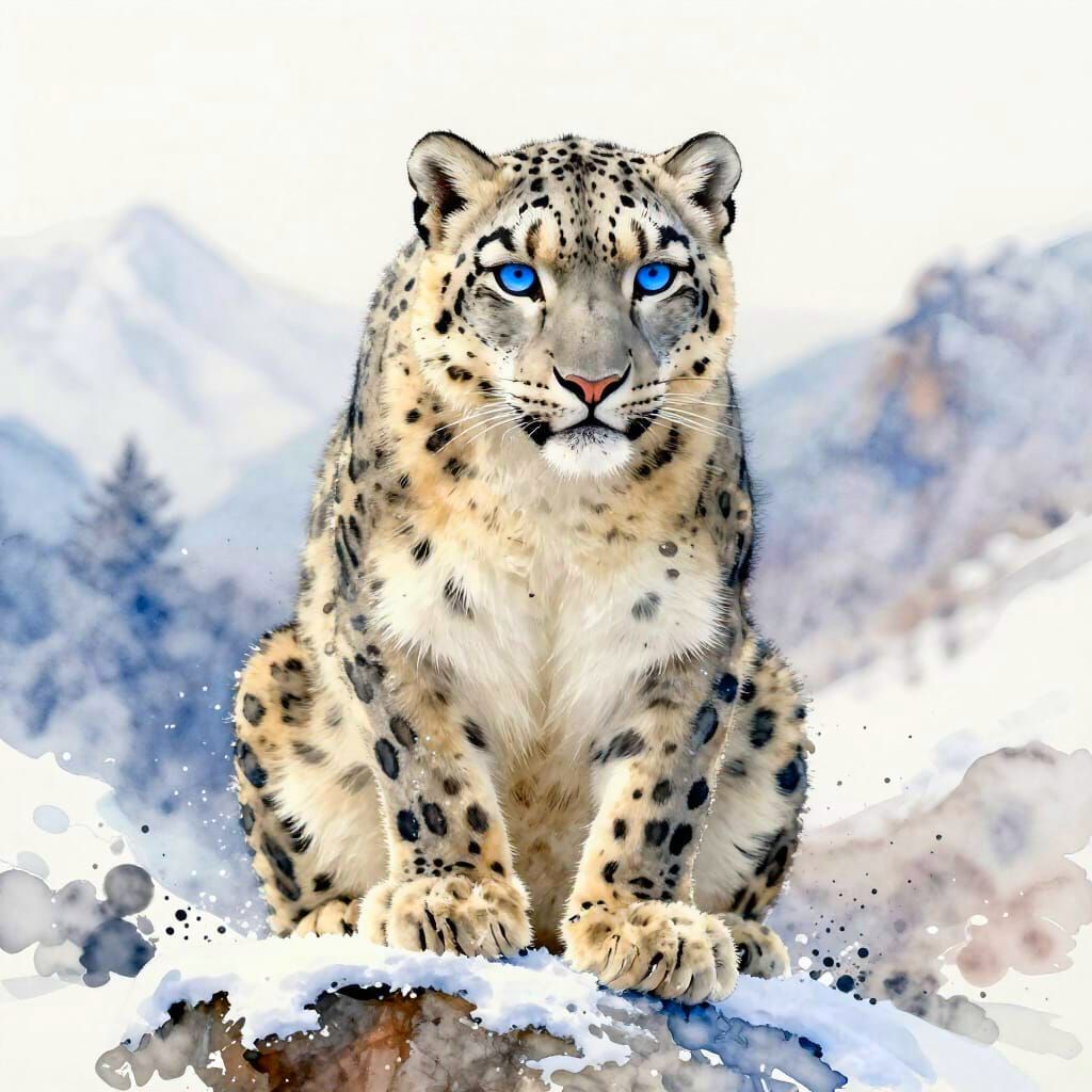 Majestic Snow Leopard in Watercolor Splash Art Style